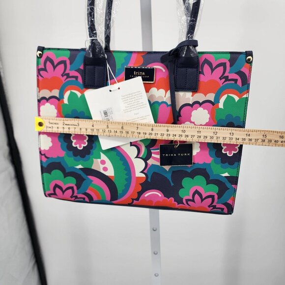 Trina Turk Floral Print Tote Bag 14x11 Floral Navy Pink Green Designer Purse - Picture 5 of 11
